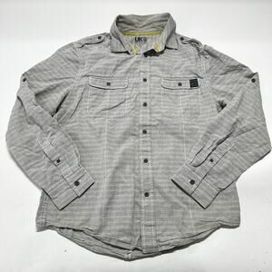 French Connection Utility Shirt M Gray White Striped 100% Cotton STAIN COLLAR